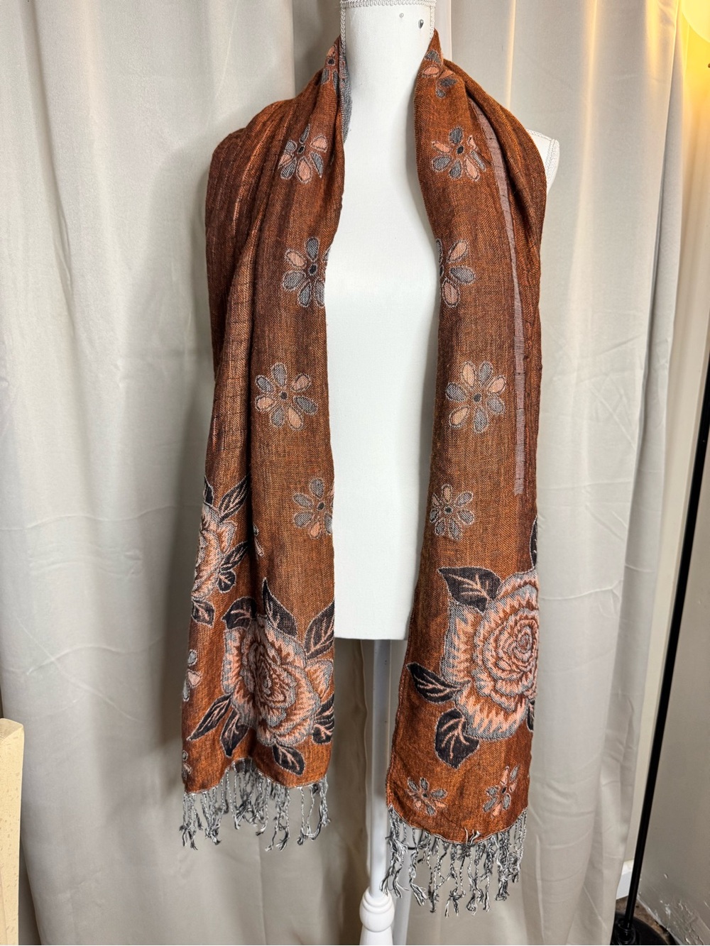 Reversible Floral Fringe Scarf Brown Gray Wrap Shawl 28x72 Boho - Picture 7 of 12